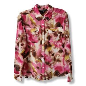 Jones New York Pink Floral Button Blouse 8 Career Colorful Artsy Office NEW